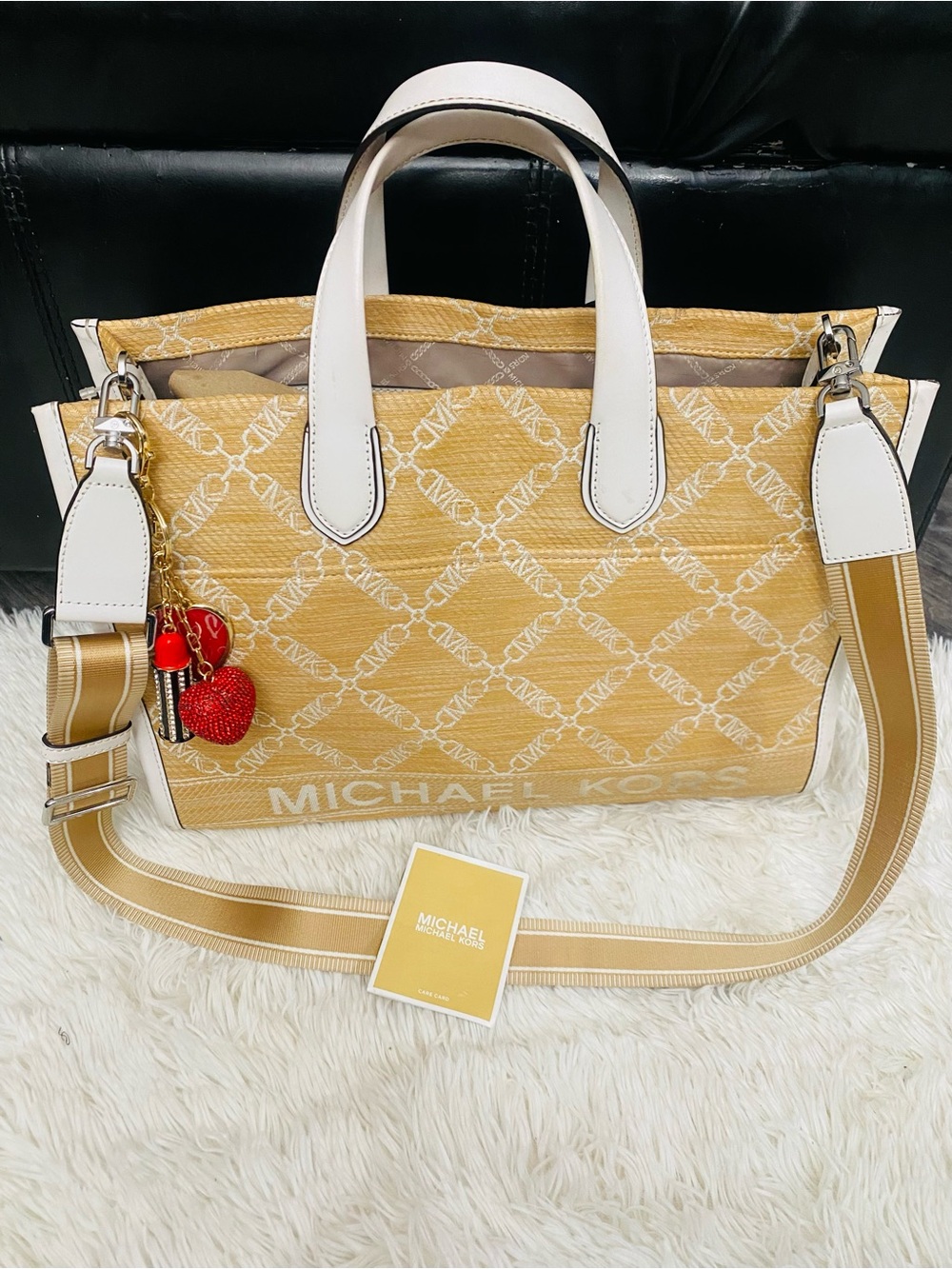 Michael Kors Yellow Logo Jacquard Tote with White Handles.